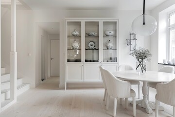 Minimalist White Room Showcase: Luxury Dining Room with China Cabinet in Gallery-Like Home