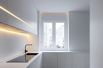 Minimalist White Kitchen: Integrated Light Fixtures in Contemporary Apartment Space