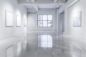 Reflective Flooring: Bright White Exhibition Space with Contemporary Concrete Decor