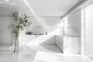 White Space Luxury Apartment: Minimalist Kitchen with Reflective Tiles