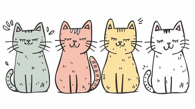 Collection of Cute Cartoon Cats in Various Colors and Poses