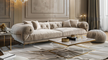 An elegant living area boasting a soft beige velvet sofa, contemporary coffee table, and gold highlights. The plush carpet and chic pouf enhance the space's luxury, in ultra HD.