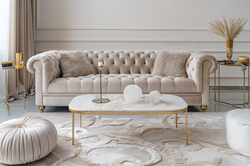 An elegant living area boasting a cream velvet sofa, minimalist coffee table, and refined gold accents, alongside a plush carpet and chic pouf, presented in stunning ultra HD clarity.