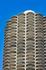 Sunny exterior view of the Marina City Goldberg