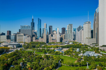 Sunny aerial view of the downtown cityscape