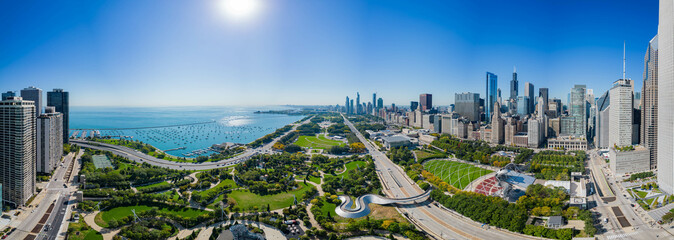 Sunny aerial view of the downtown cityscape