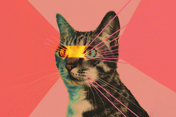 Cat with lasers from eyes. Minimal collage fashion concept