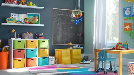 Colorful and organized children’s playroom with educational toys and creative learning space