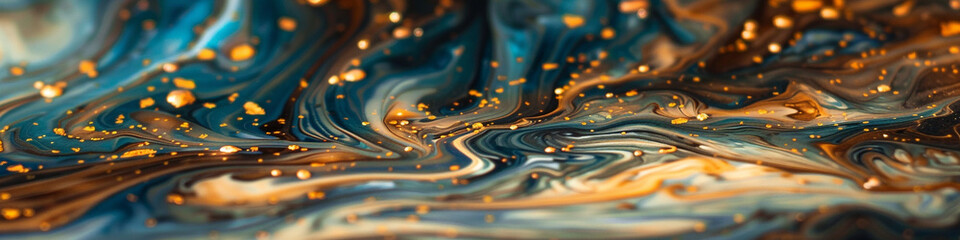 Elegant topaz marble ink swirls gracefully within a luminous abstract landscape, illuminated by scattered glitters.