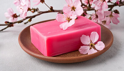 Obraz na płótnie Canvas Close-up of handmade soap bar and pink blossoms. Spa and selfcare organic product.