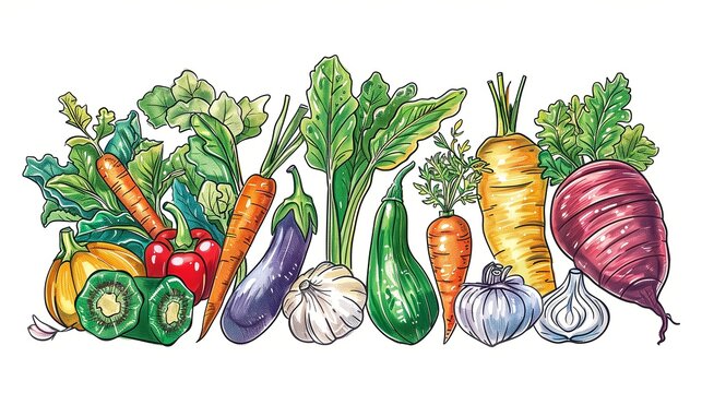 Colorful Assortment of Hand-Drawn Vegetables Including Roots and Greens