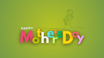 Mother's Day postcard. Happy Mother's Day vector greeting cards on a green background.  Continuous one-line drawing. The two hold her baby—abstract mother with a child in continuous one-line drawing.