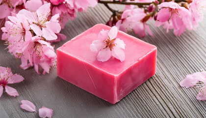 Close-up of handmade soap bar and pink blossoms. Spa and selfcare organic product.