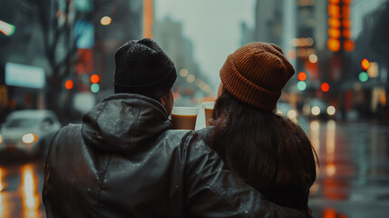 Obraz premium Back View of a Couple Drinking Coffee on a Rainy Day AI generation