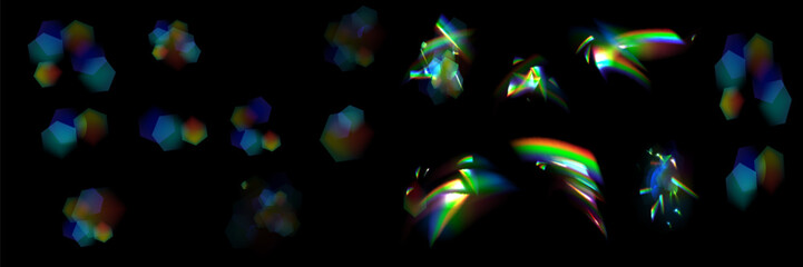 Iridescent crystal leak glare reflection effect. Optical rainbow lights, glare, leak, streak overlay. falling confetti.