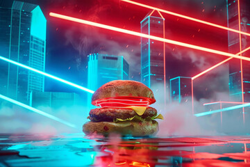 A classic hamburger glowing under a futuristic skyline, with light cyan, red, and blue neon beams...