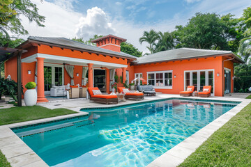 A classic house in a vibrant shade of tangerine, with a backyard oasis featuring a saltwater pool and a cabana.