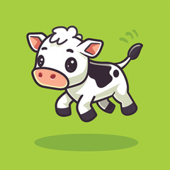 Obraz premium Cute cartoon cow jumping with joy on a vibrant green background.
