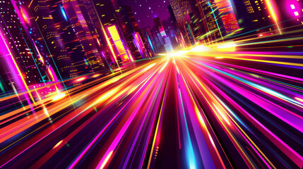 Fototapeta na wymiar Dynamic cityscape illustration with vibrant light trails capturing the fast-paced urban energy