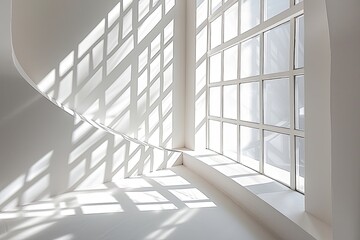 Obraz premium Geometry of Light: Contemporary Minimalistic White Room and Dynamic Shadows in Photography Studio and Gallery Architecture