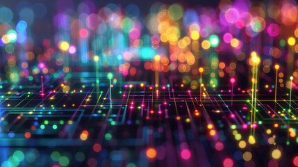 Abstract image of a glowing circuit board with colorful bokeh, representing high-tech digital technology