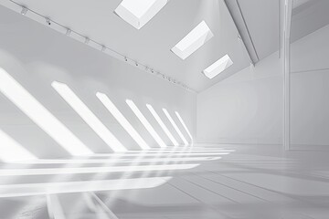 Dynamic Shadows: White Minimalist Interior Gallery with Diagonal Light Display