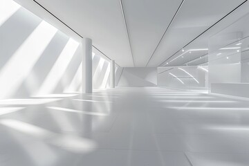 White Minimalist 3D Rendering Exhibition Hall with Dynamic Shadows