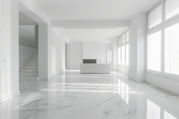 Modern Minimalist White Interior: Reflective Marble Floors in Bright Apartment