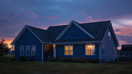 A deep dusk blue house with siding, evoking the serene evenings of suburban life, under the last rays of the sun.