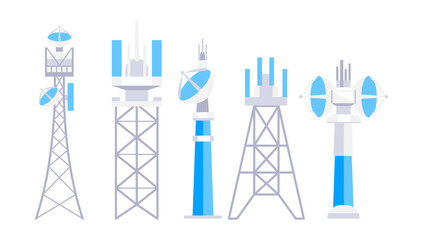 Radio, Mobile tower and antennas. Internet network. Communication towers set. Satellite antenna