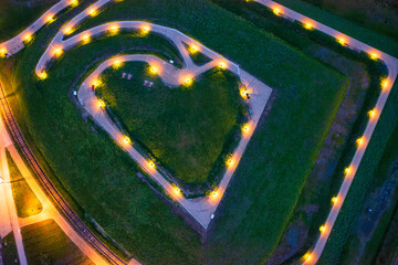 Bison bastion, 17th-century fortifications of Gdansk illuminated at night in the heart shape. Poland