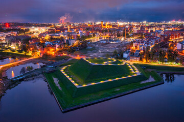 Bison bastion, 17th-century fortifications of Gdansk illuminated at night in the heart shape. Poland.