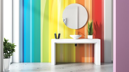 Colorful modern foyer with minimalist design, white console table, and vibrant striped walls