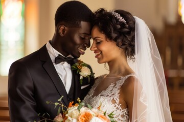 Happy Interracial Wedding Couple at Church. Bride and Groom Celebrating their Love and Marriage