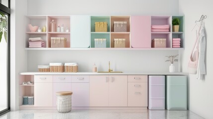 Elegant minimalist laundry room interior with pink and pastel storage