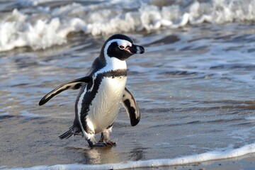 Fototapeta premium Male and Female Magellanic Penguins on Natural Beach: A Peek into Their Cold Life