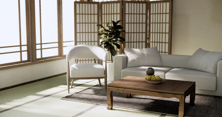Living room modern minimal japan style with sofa armchair and decoration.