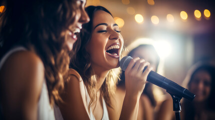 young woman singing and having fun with her friends at a karaoke in a night club - night life and partying concept