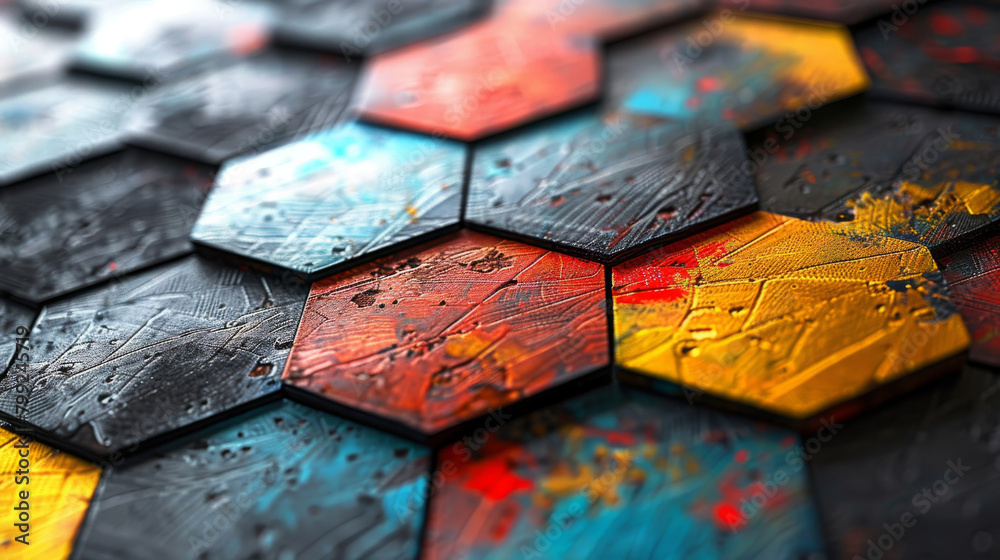 Poster close-up of a vibrant, textured hexagon pattern with artistic paint splatters
