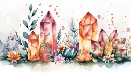 Whimsical Watercolor Crystal Decor with Herbs and Flowers Generative AI