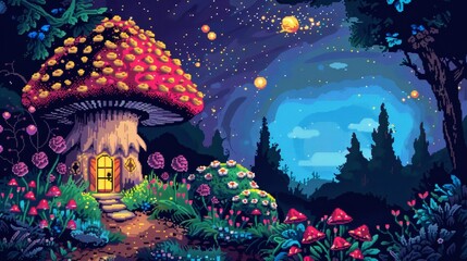 Whimsical Mushroom House in a Blooming Garden Generative AI