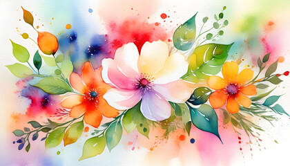 A watercolor painting of colorful flowers and leaves on a white background.