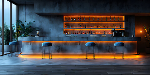 Obraz premium Contemporary Cocktail Bar with Cyan Accent Wall and Trendy Lighting