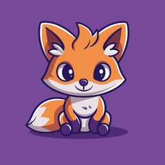 Obraz premium Cute cartoon fox with big eyes sitting on a purple background.