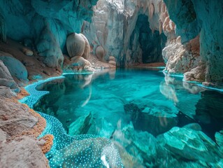 A cave with a blue pool of water