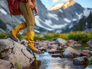  Close-up of yellow hiking boots stepping on river stones in a majestic mountainous area.
