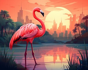 A flamingo perched on a park bench in a serene city park, modern buildings rising behind