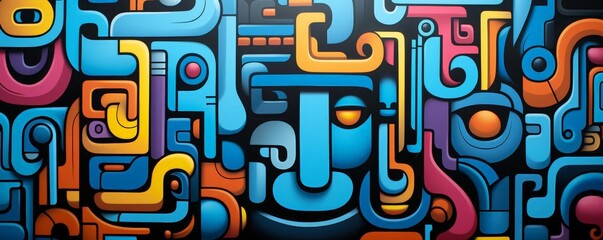 Graffiti art on an urban street wall, showcasing bold lines and bright, expressive colors