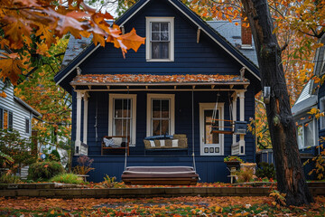 A navy blue American house with a front porch swing, surrounded by fall foliage in a quaint neighborhood.