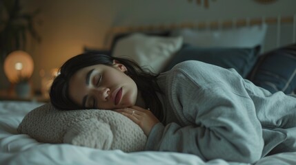 Peaceful woman sleeping on bed with pillow taking nap with restless partner in background. Sex issues, carefree wife resting eyes-closed next to man